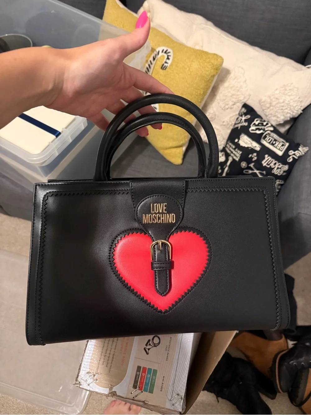 Love Moschino Black Satchel with Red Heart Patch